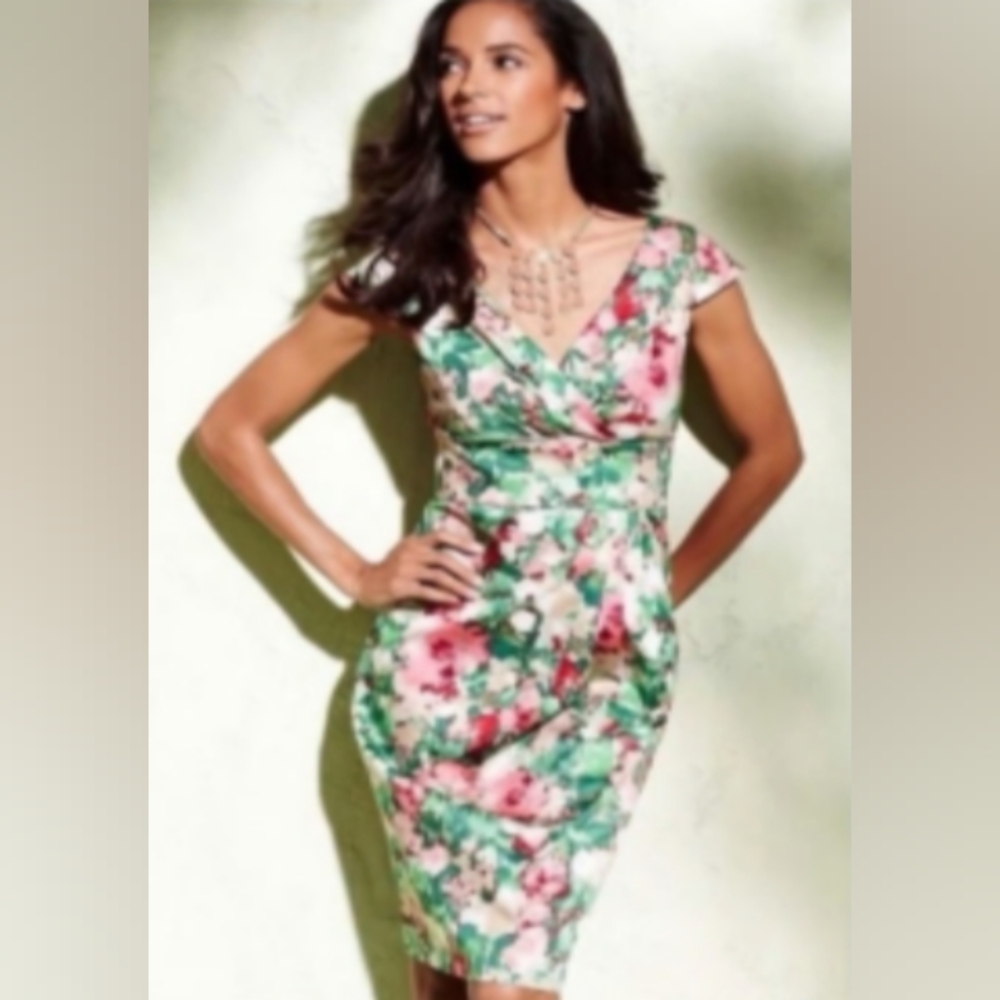 Talbots Watercolor Pink Green Floral Cotton Blend Midi Sheath Dress Sz 12
